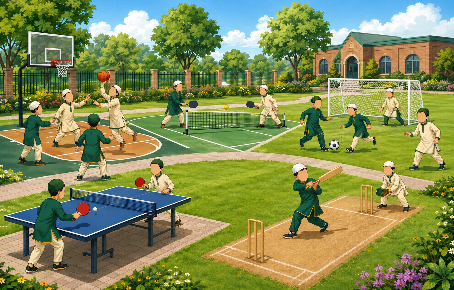 Faceless 2D illustration of boys enjoying basketball, pickleball, soccer, cricket, and table tennis during a separate recreation session
