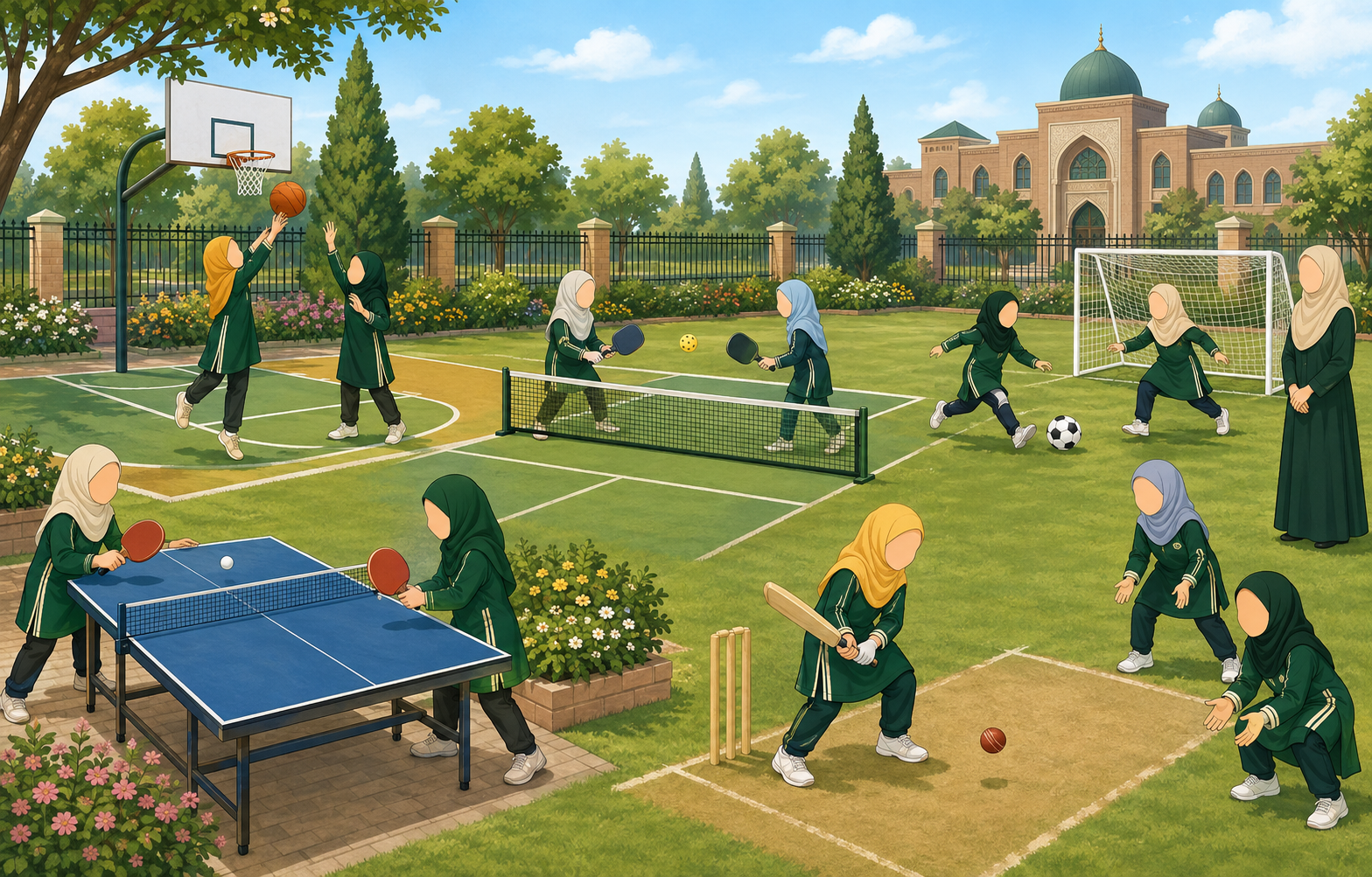 Faceless 2D illustration of girls enjoying basketball, pickleball, soccer, cricket, and table tennis during a separate recreation session